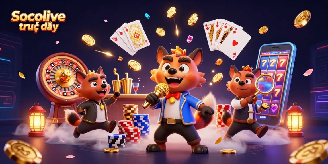 Experience Socolive trực tiếp with dynamic casino elements and engaging characters in a vibrant scene.