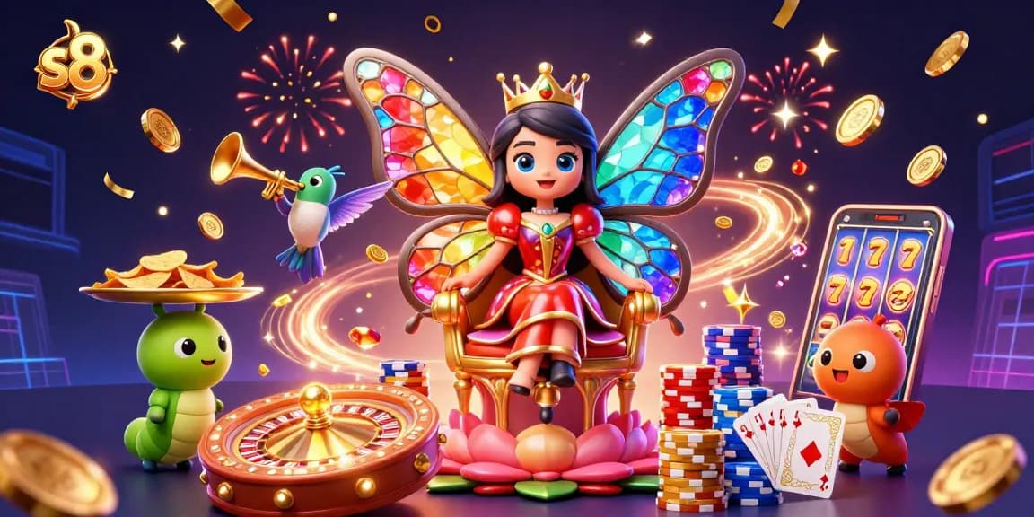 S8 players enjoy exciting casino games with a vibrant butterfly queen and colorful chips.