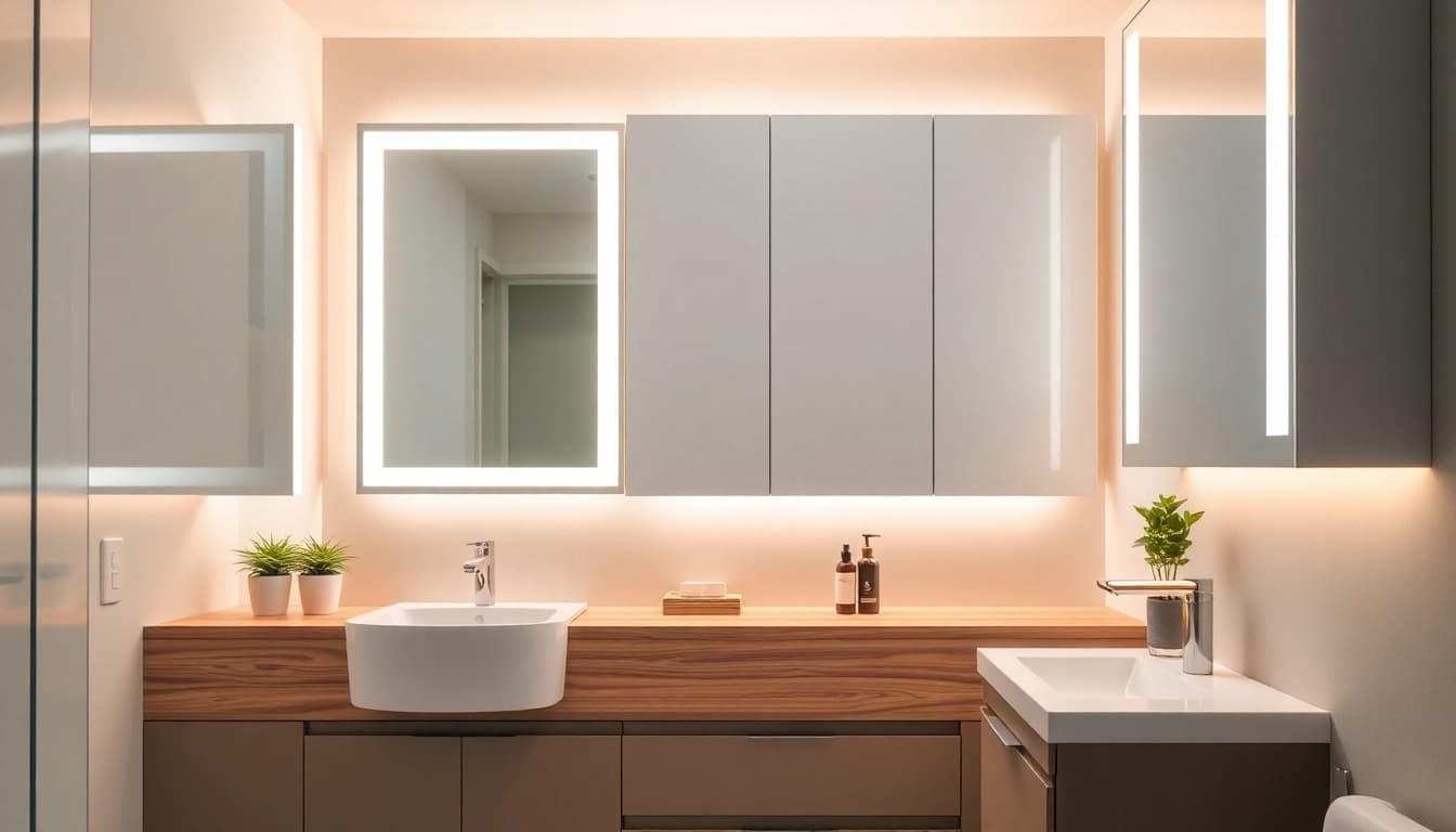 Showcase illuminated bathroom cabinets reflecting modern design and ambient lighting.