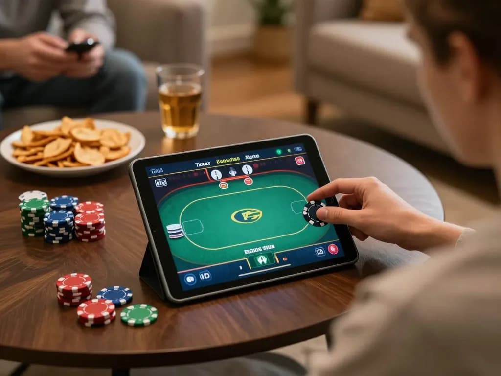 gem88 user enjoying online poker game, showcasing strategic gameplay in a cozy atmosphere