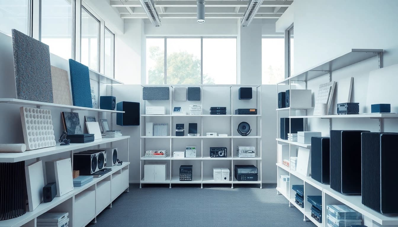 Showcasing sound and vibration control products in a professional office environment for enhanced acoustics.