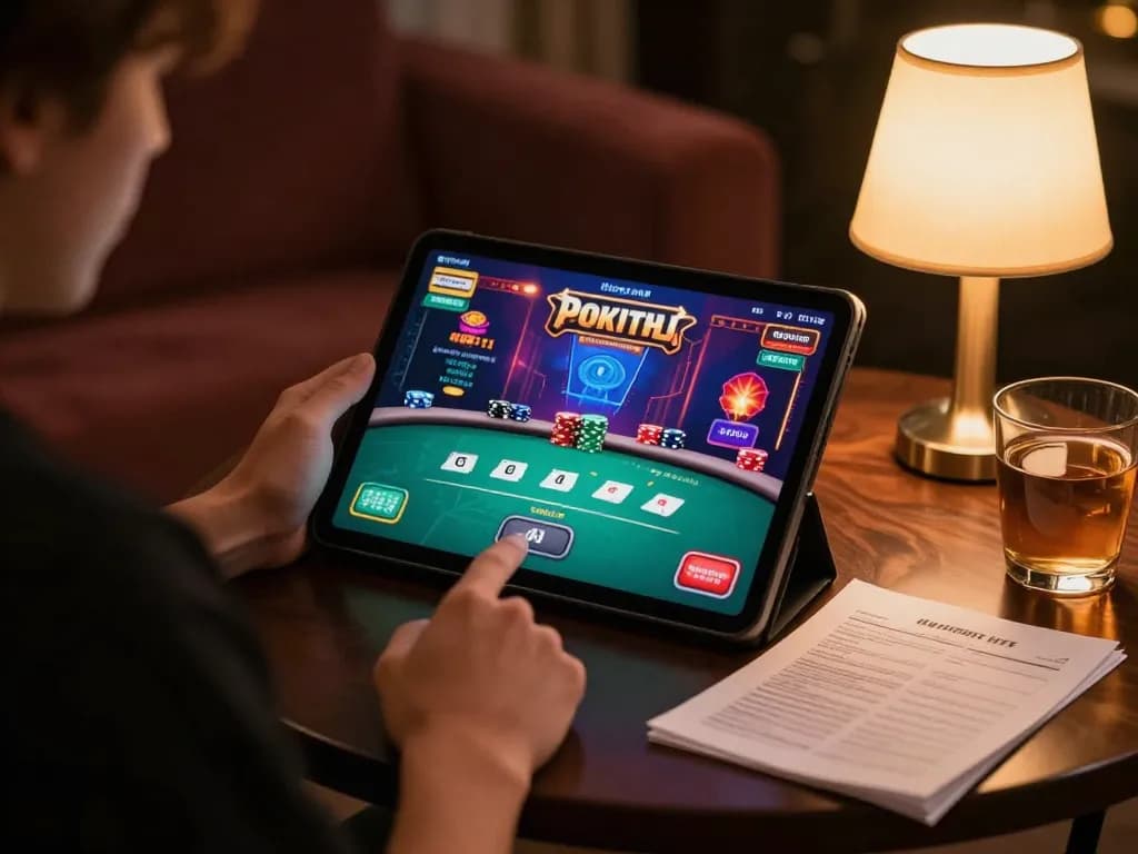 Engaging online gambling on https://www.mnm88.com/ with vibrant poker graphics on a tablet, cozy atmosphere.