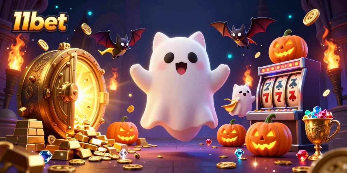 Experience thrilling wins with 11bet in this vibrant ghostly casino adventure illustration.