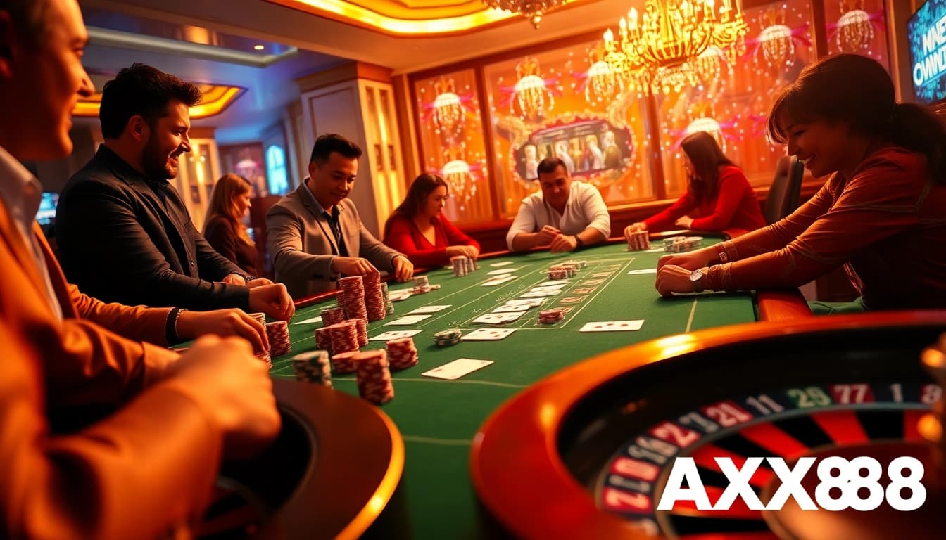 Gambling enthusiasts enjoying a thrilling AXX88 poker game at a luxurious casino table.