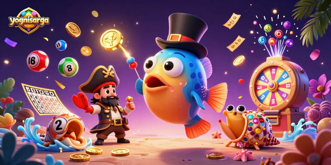 Engage with yognisarga's vibrant scene showcasing a lucky anglerfish attracting golden coins amidst lottery excitement.