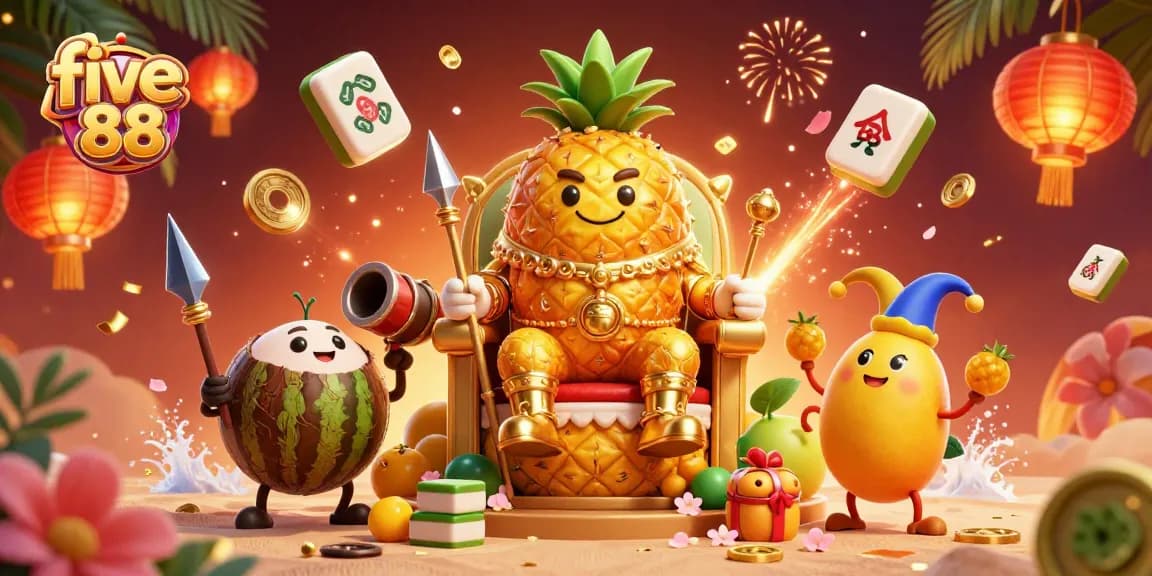 Experience the vibrant world of five 88 as the cartoon pineapple king leads a carnival of luck and fun in this casino illustration.