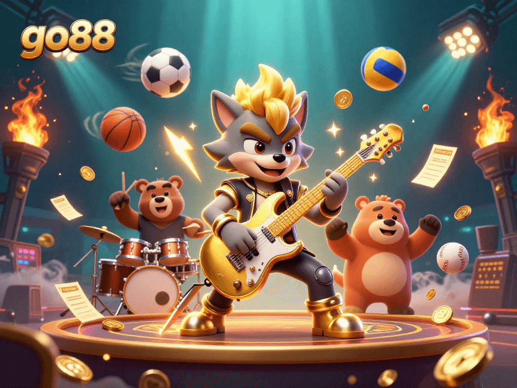 Experience excitement with go88 as cartoon characters rock a casino stage filled with dynamic gaming elements.
