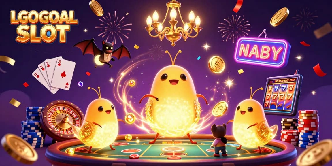 Experience the excitement of LGOGOAL SLOT in a vibrant 3D casino scene filled with animated glowworms, shimmering coins, and dynamic gaming elements.