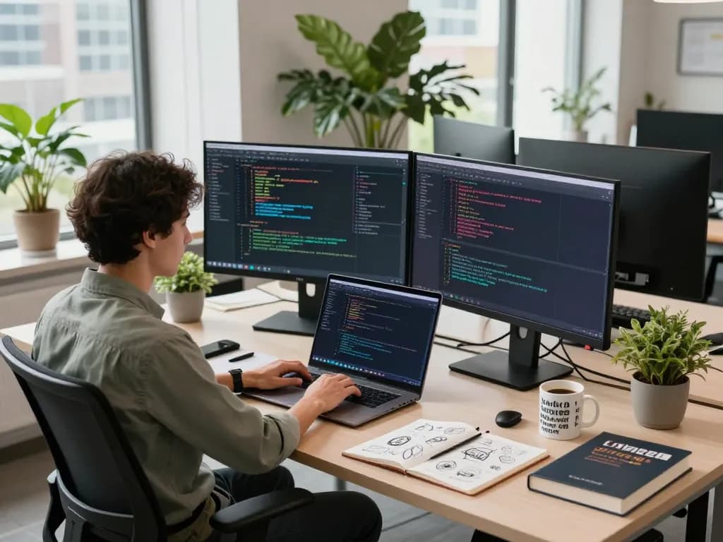 Developer coding efficiently in a modern workspace with谷歌浏览器 displayed on dual monitors, showcasing productivity and tech innovation.