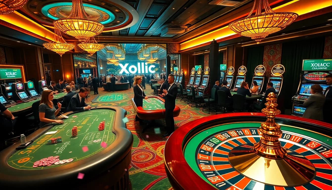 Xoilac gaming excitement at a luxury casino with vibrant poker tables and roulette wheel.