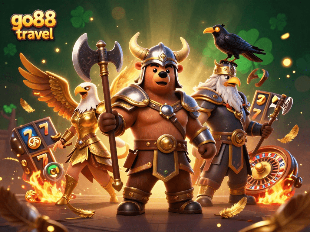 Experience the excitement of go88 travel with a dynamic 3D casino scene featuring a Viking berserker and a Valkyrie eagle.