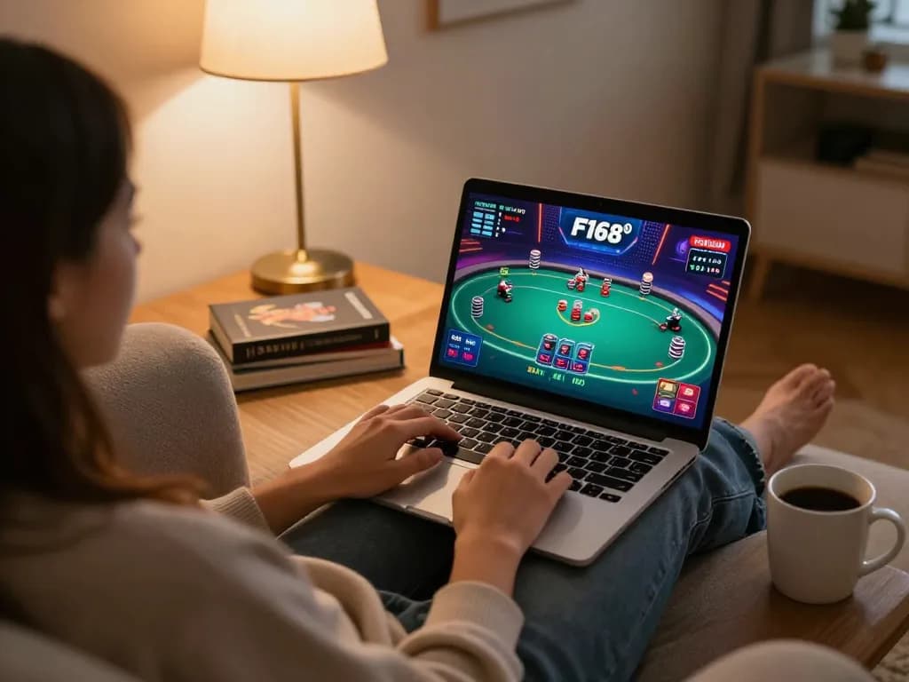 Engaging moment of a user participating in online poker at F168 from a cozy home environment