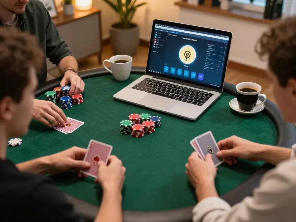 An exciting online poker session using the mb66-t platform with players focused on their cards and chips.
