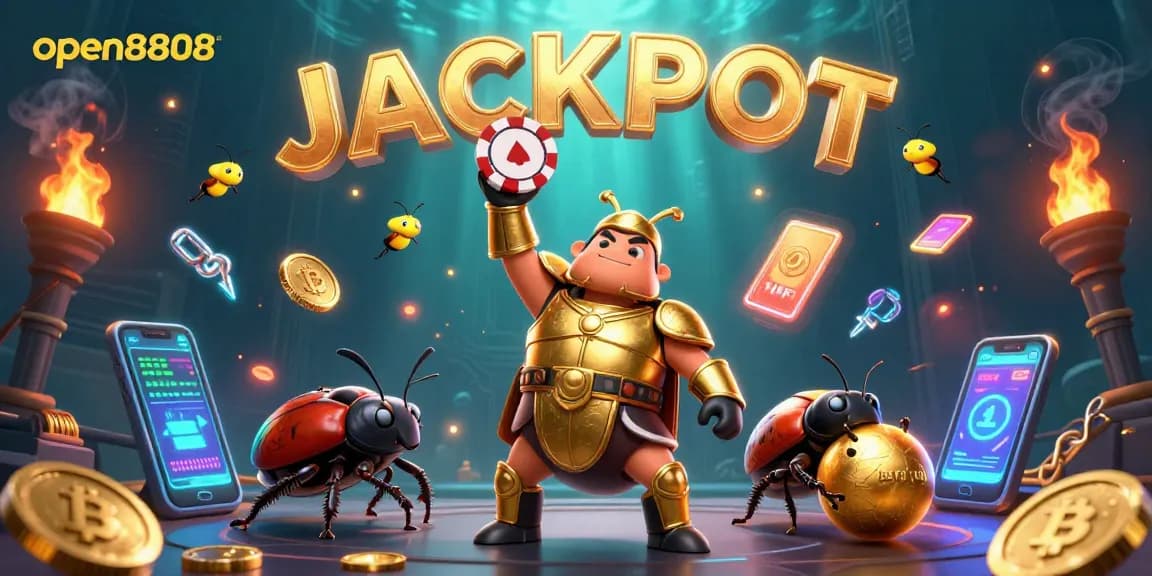 open8808 casino characters celebrate jackpot win with vibrant elements in a dynamic 3D illustration