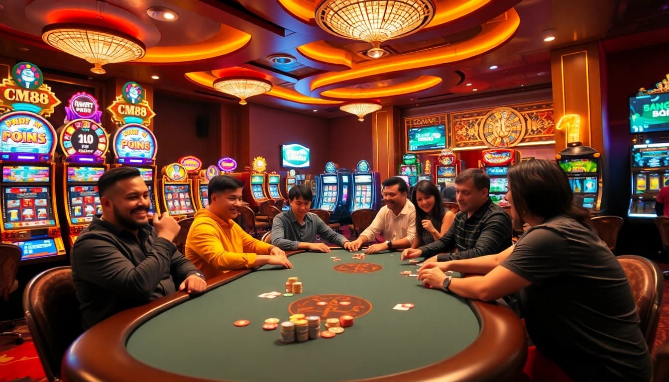 Engaged players using CM88 đăng nhập at a vibrant casino poker table, showcasing excitement and strategy.