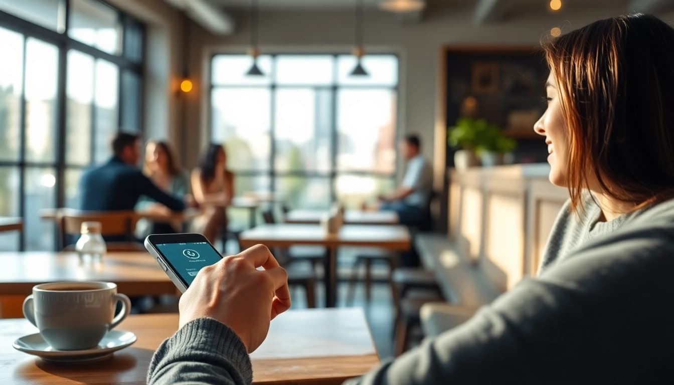 Potato secure messaging app in use at a cozy café.