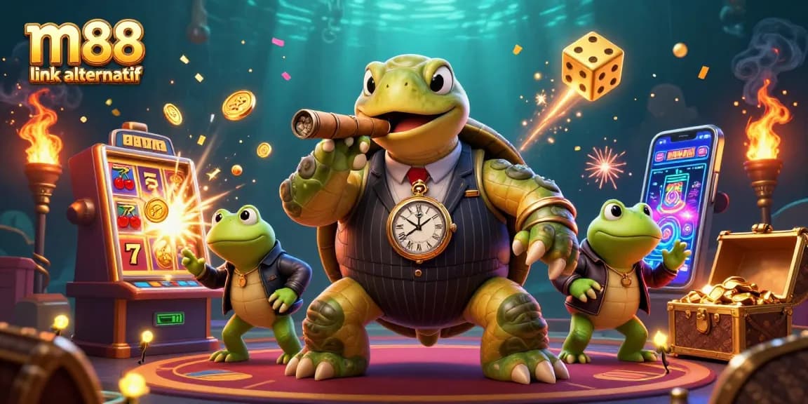 Experience vibrant gaming at m88 link alternatif with a dynamic casino-themed illustration.