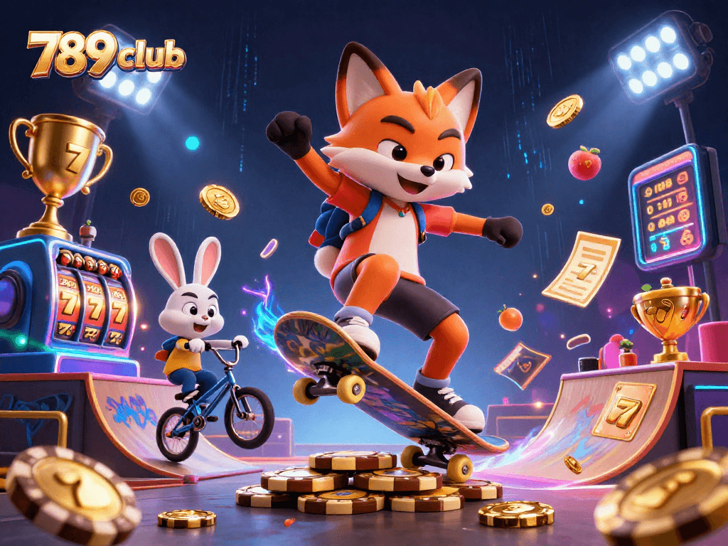 Trải nghiệm sôi động từ 789 club với hình ảnh chú cáo trượt ván và thỏ BMX tại sòng bài.