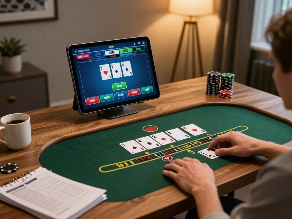 Person engaging with god55vn live dealer blackjack on a tablet in cozy home office