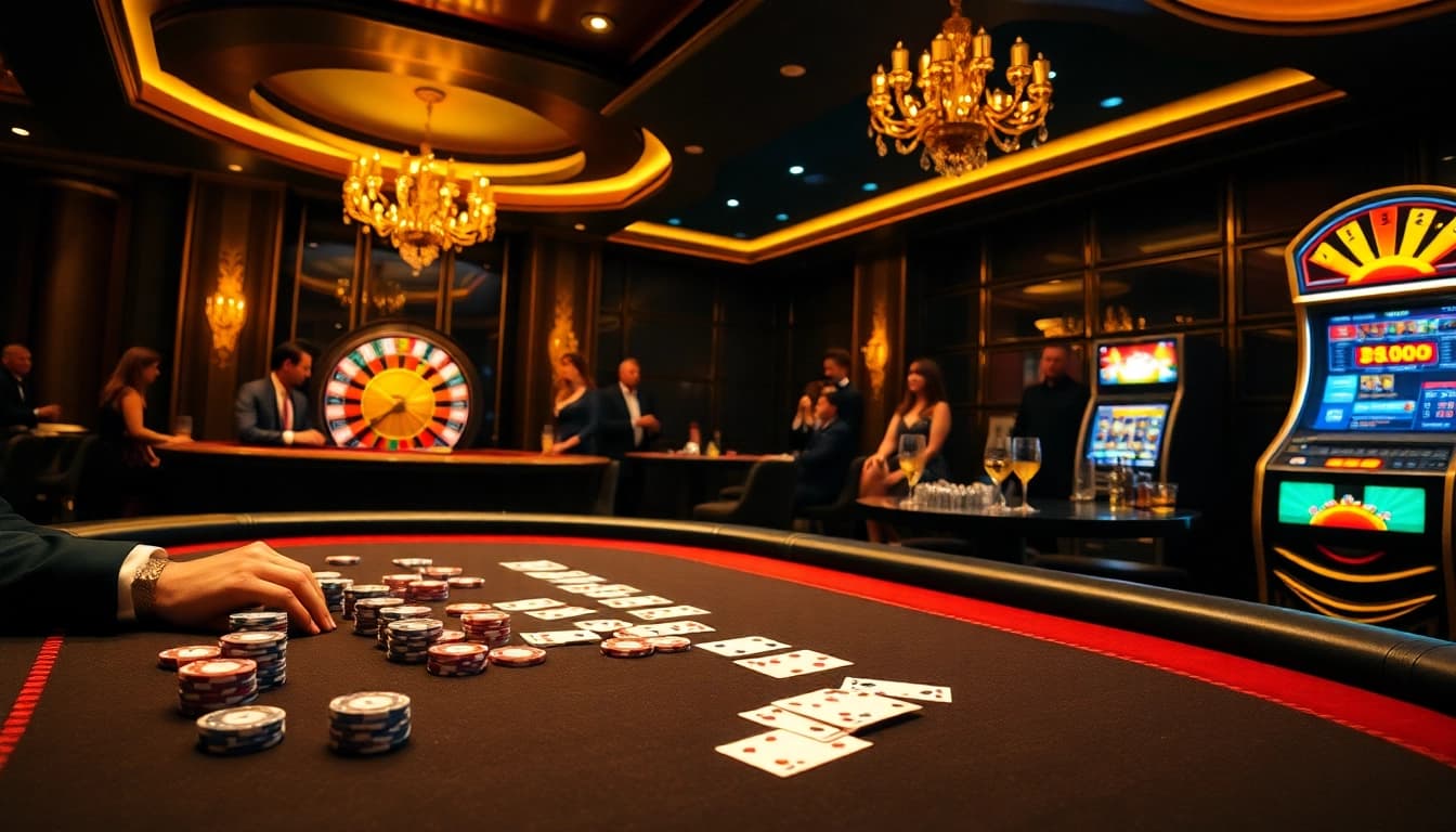 Luck 8 poker table with players, chips, and roulette wheel showcasing luxury gaming experience.