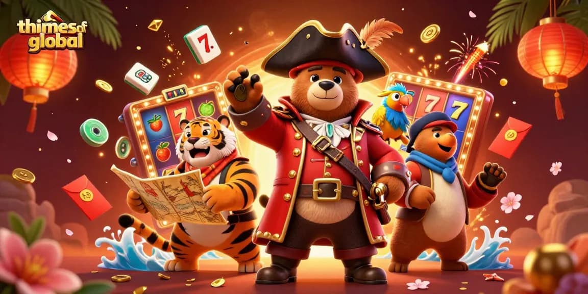 Thetimesofglobal showcases a vibrant pirate-themed casino illustration with characters and slot games.