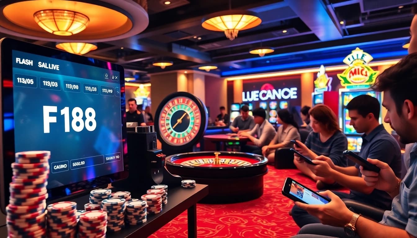 F168 casino interface displaying live betting options and poker chips amidst vibrant gaming atmosphere.