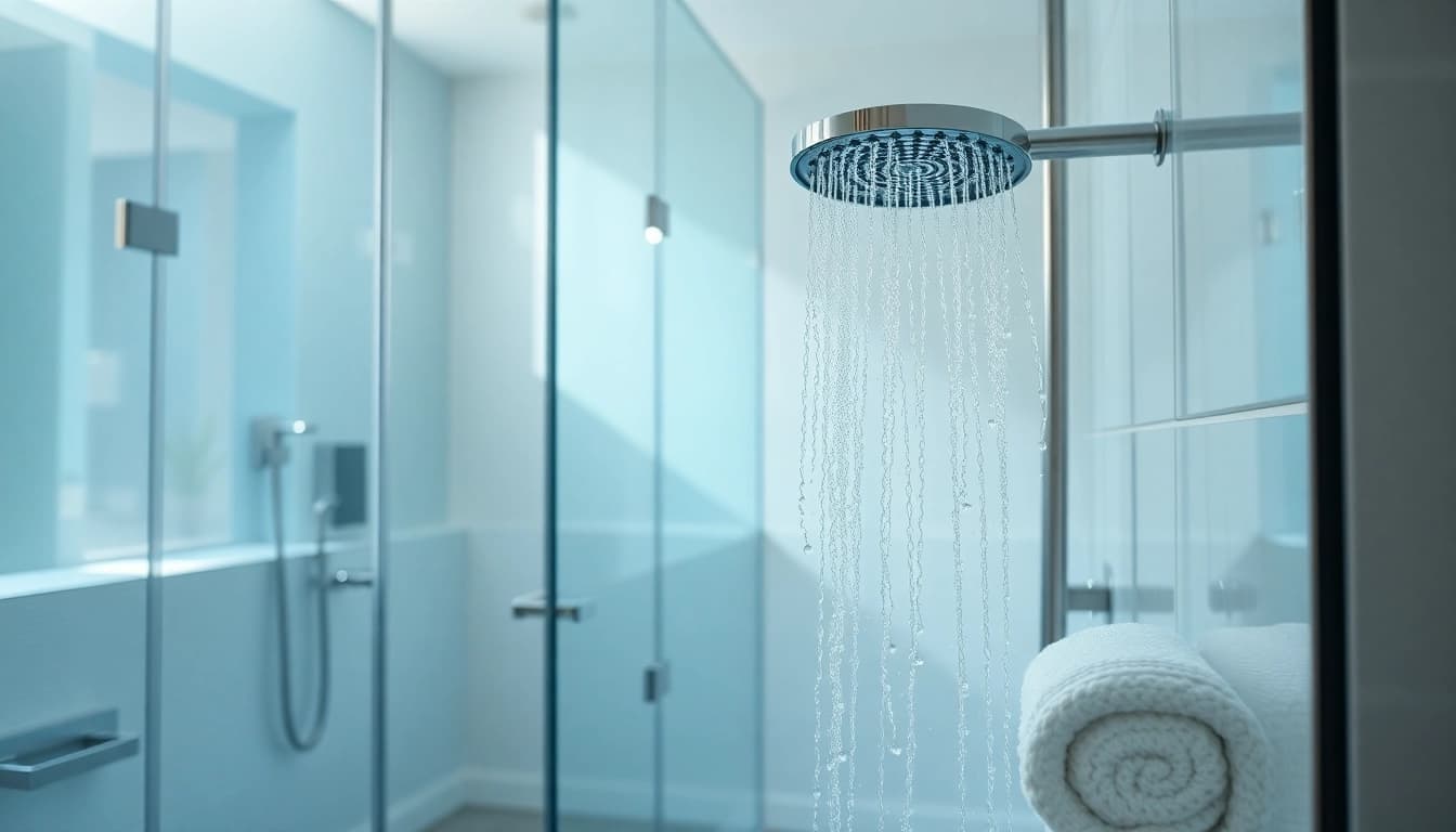 Admire elegant showers in a modern, serene bathroom with soft colors and sleek design.