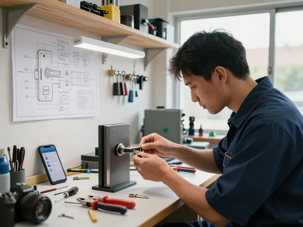 PSL Lock and Key technician rekeying a lock in a bright workshop with tools and blueprints.