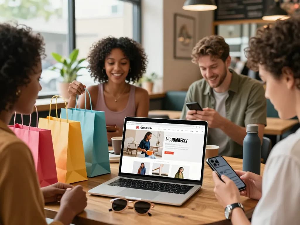 Online shopping experience at https://hubet88.icu/ with diverse consumers exploring new products and enjoying a vibrant atmosphere.
