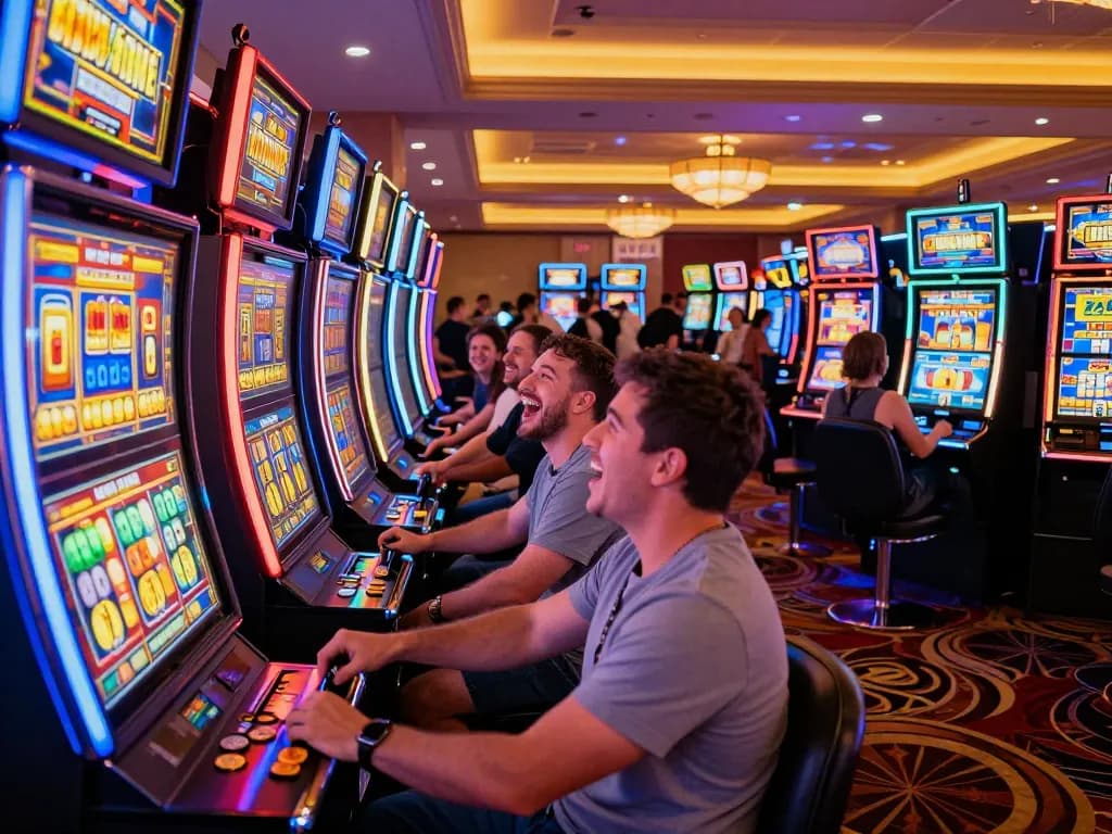 Players enjoy engaging slot machines in a vibrant casino area at 79king, showcasing excitement and dynamic gameplay.