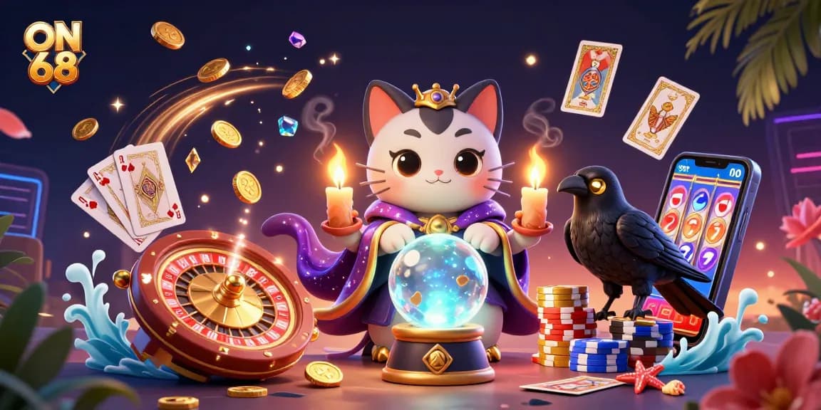 Engage in thrilling games at ON 68 while encountering a mystical cat and a tarot raven in a vibrant casino scene.