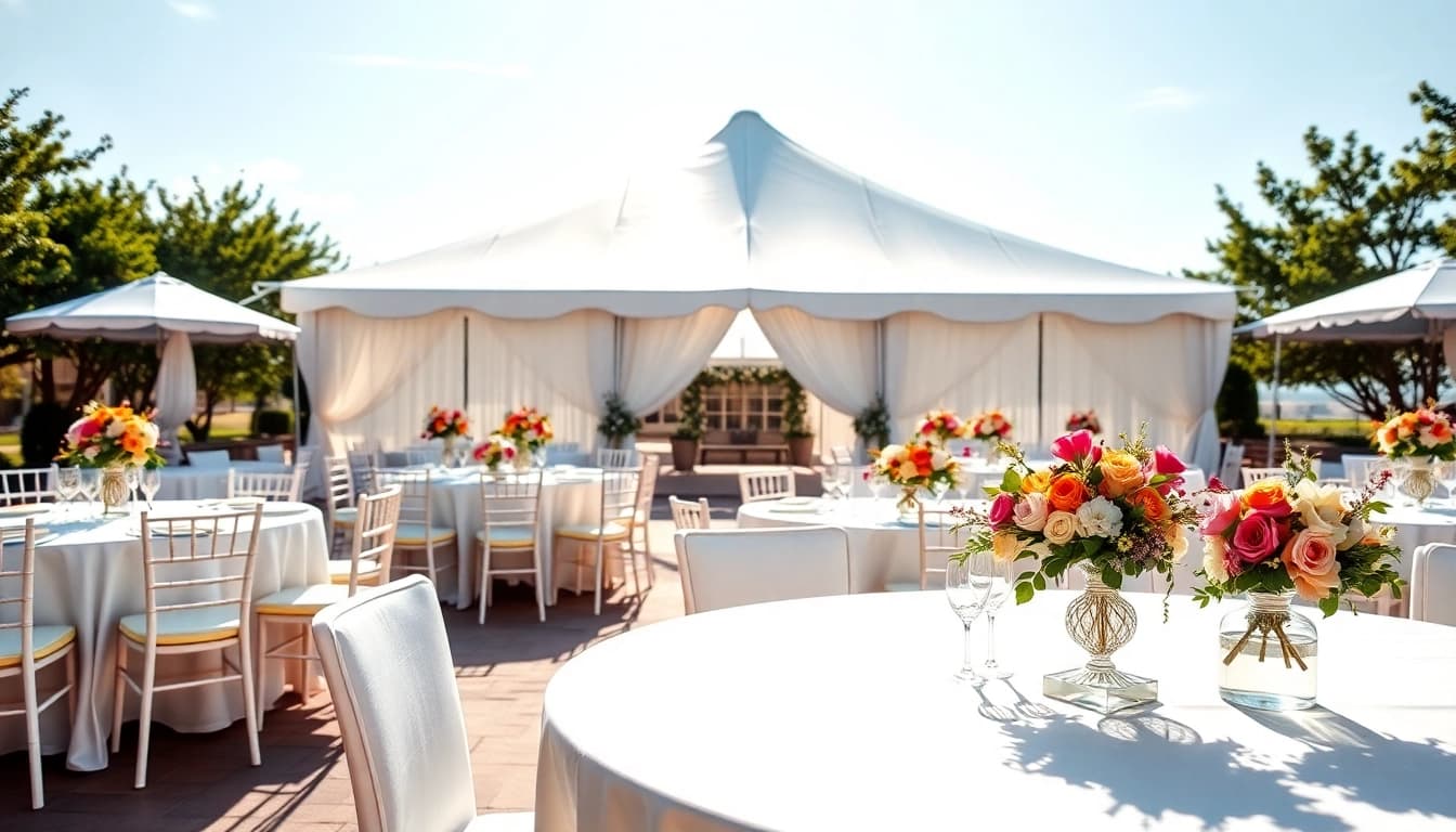 Beautiful outdoor wedding tent chair & table rentals arrangement under sunlight.