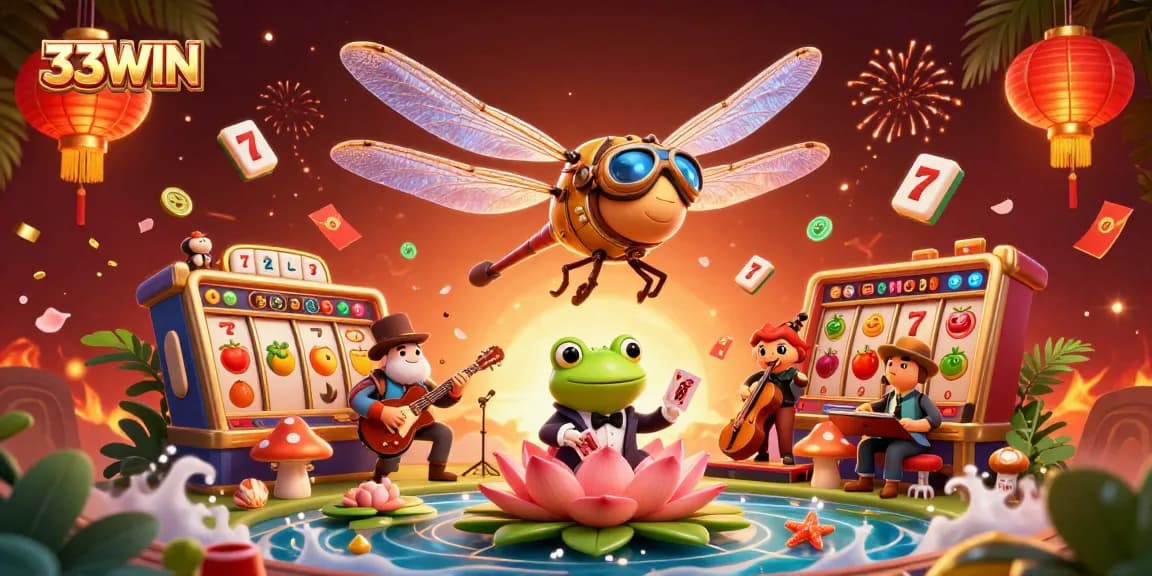 Experience the excitement at 33WIN with vibrant slot games and a whimsical casino scene.