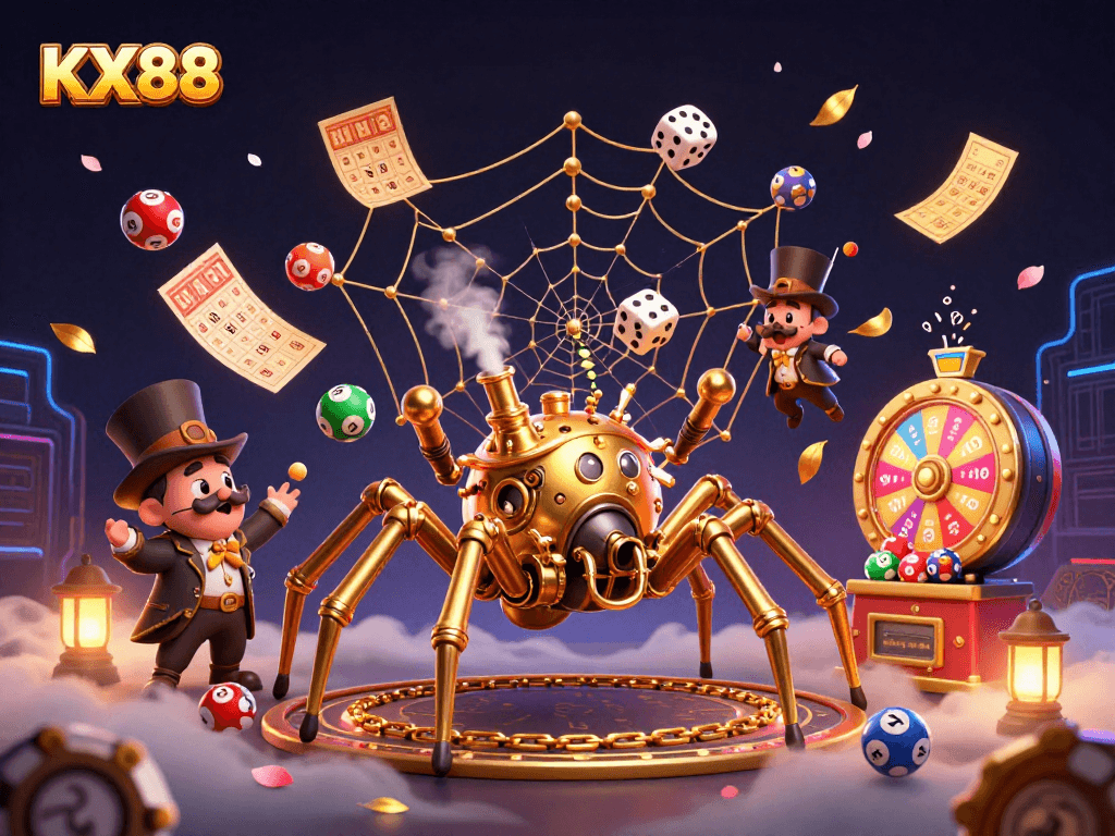 KX88 captures thrilling dice action in a vibrant steampunk-themed casino illustration filled with dynamic game elements.
