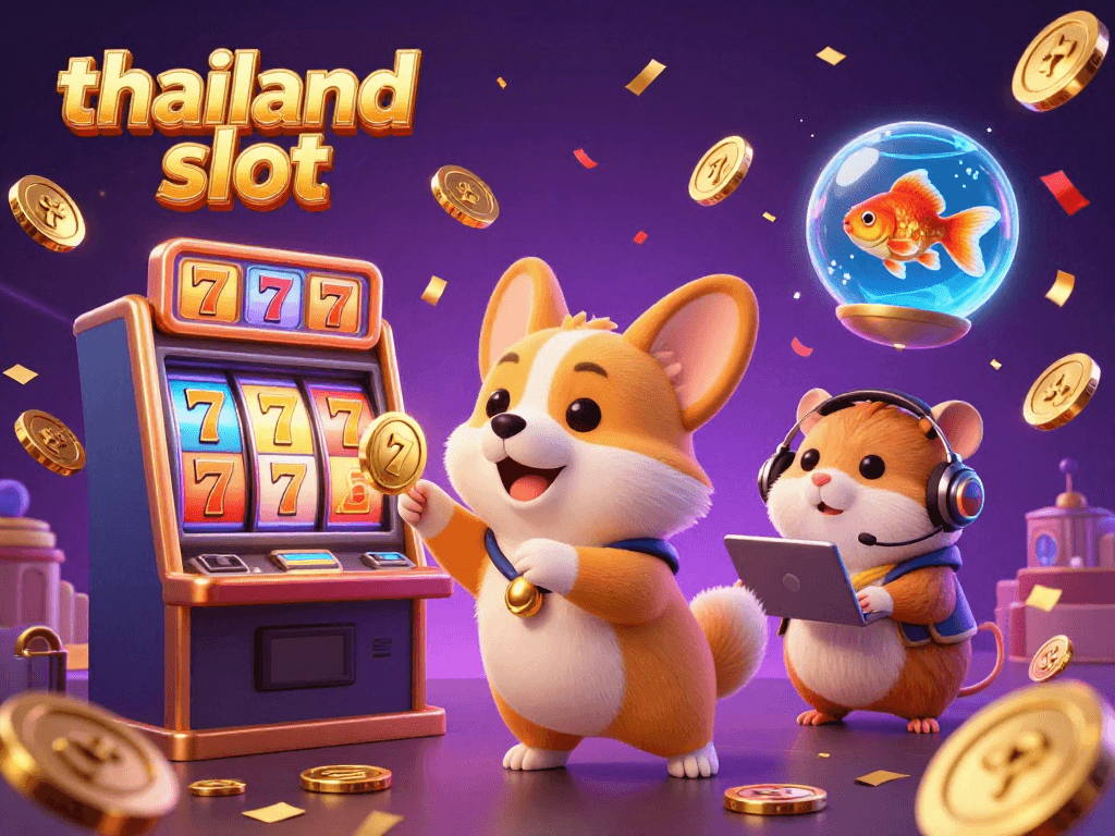 Engage with thailand slot and experience thrilling actions of a corgi playing slots amid drifting coins and vibrant gaming elements.