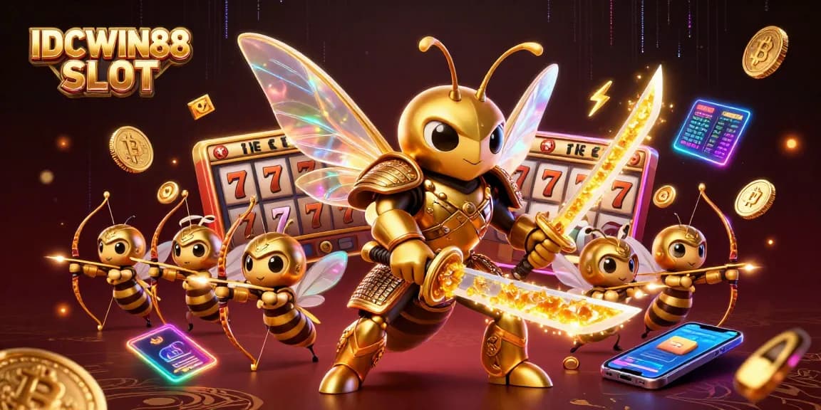 Engage with IDCWIN88 SLOT through dynamic 3D illustrations featuring vibrant slot symbols and crypto elements.