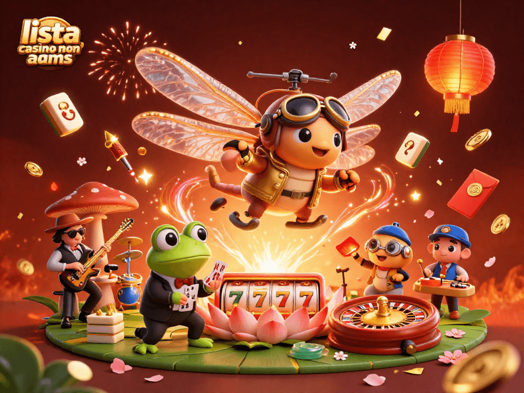 Gioca e vinci con la lista casino non AAMS, croupier e slot in un'illustrazione festosa.