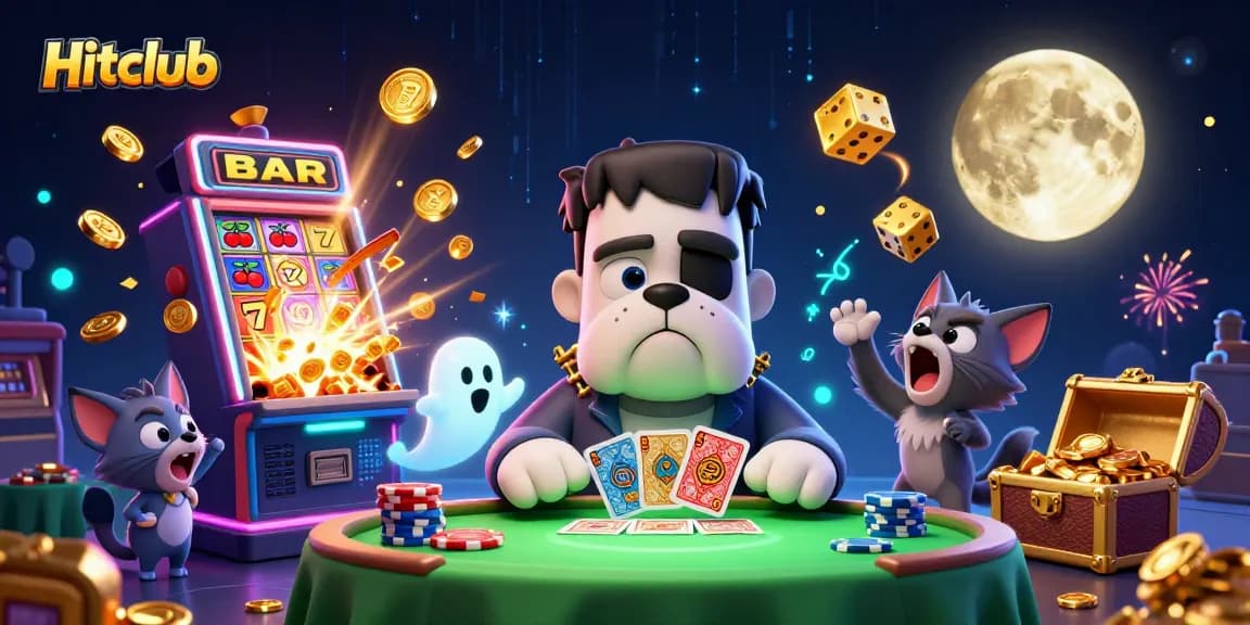 Engage in thrilling casino action with Hitclub's colorful 3D illustration showcasing card games and jackpots.