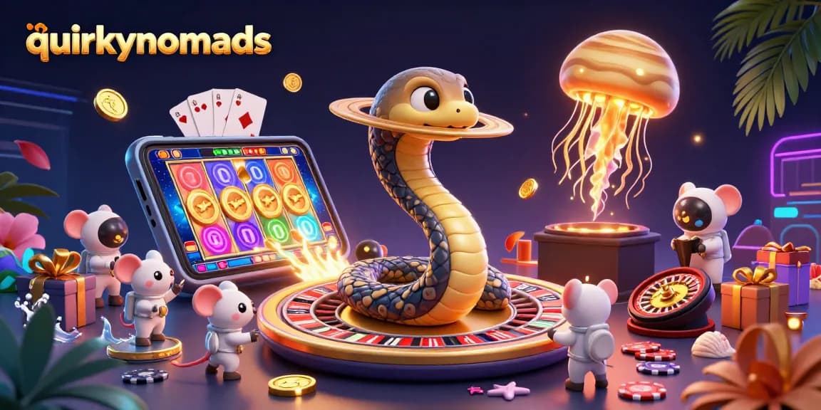 Experience the thrill of quirkynomads with cosmic gaming as astronaut mice bet on a roulette snake.