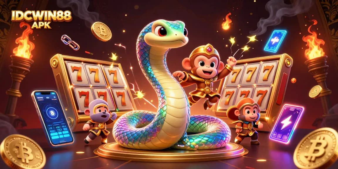 Spin the reels with IDCWIN88 APK's colorful gaming adventure featuring vibrant characters and magical elements.