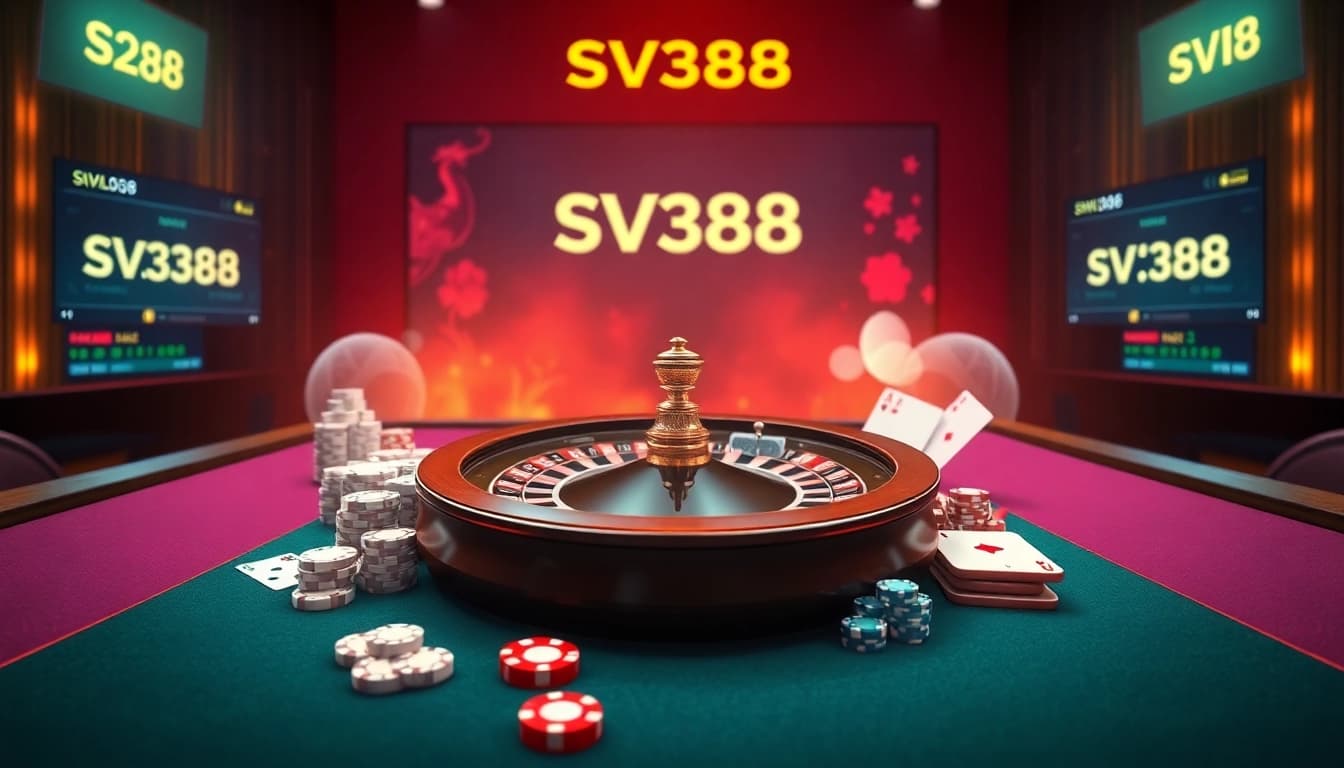 Exciting gambling scene at SV388 casino featuring roulette, poker chips, and live betting.