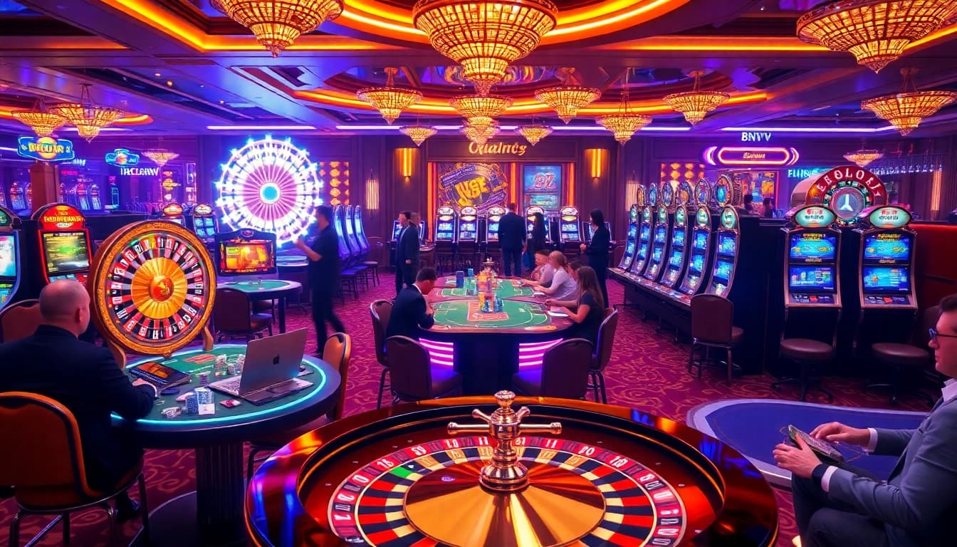 Experience thrilling games at 88vv casino with a vibrant roulette wheel and engaged players.