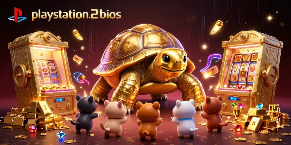 Experience thrilling action with playstation2bios big wins at this vibrant casino scene featuring a golden tortoise pinball machine.
