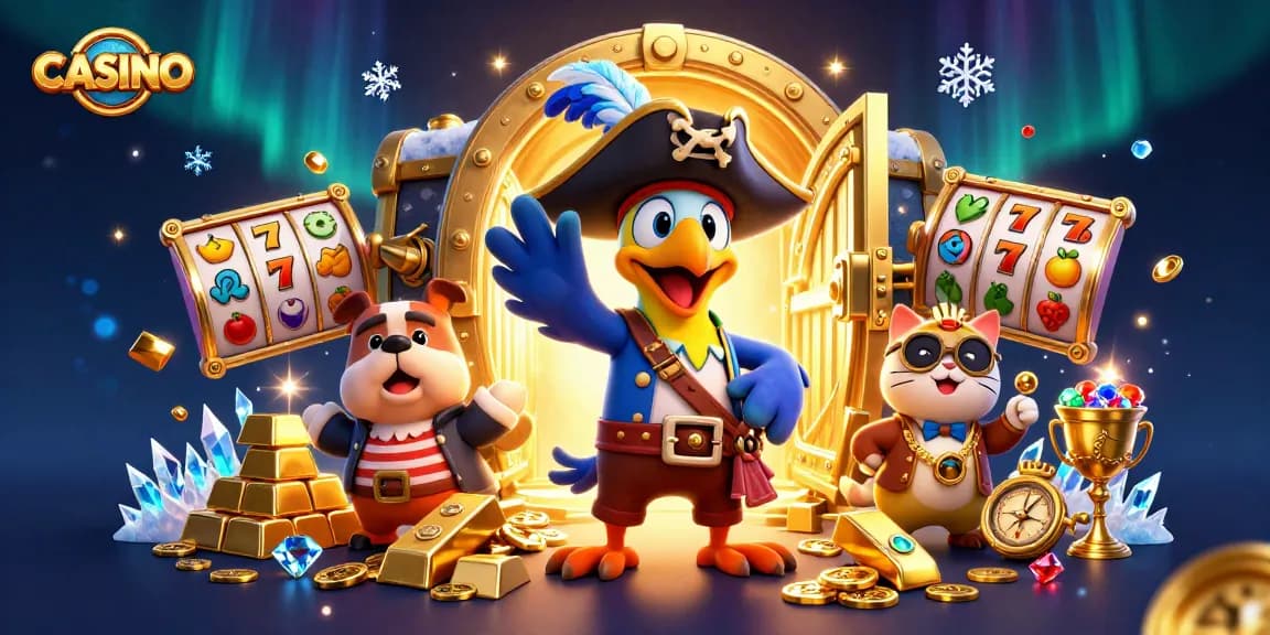 CASINO adventure with a pirate captain, bulldog, and ship's cat amidst gold and slot elements.