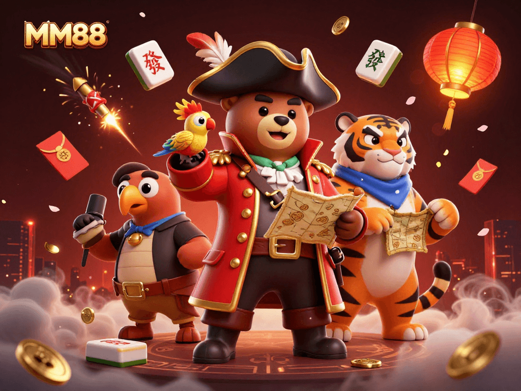Engage with MM88 in a vibrant 3D casino scene filled with gold coins, luck symbols, and dynamic game elements.