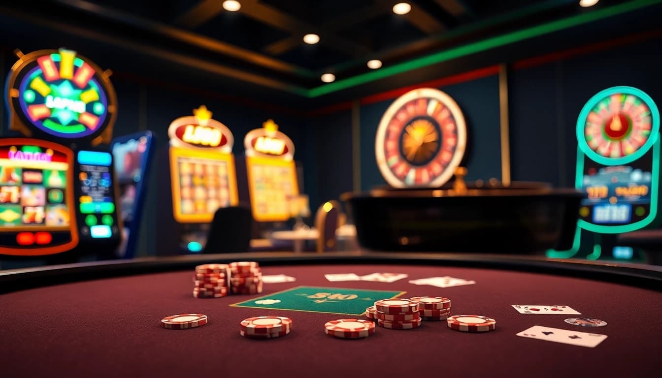 Experience the thrills of nhà cái 888NEW with a luxury casino scene featuring poker tables and slot machines.