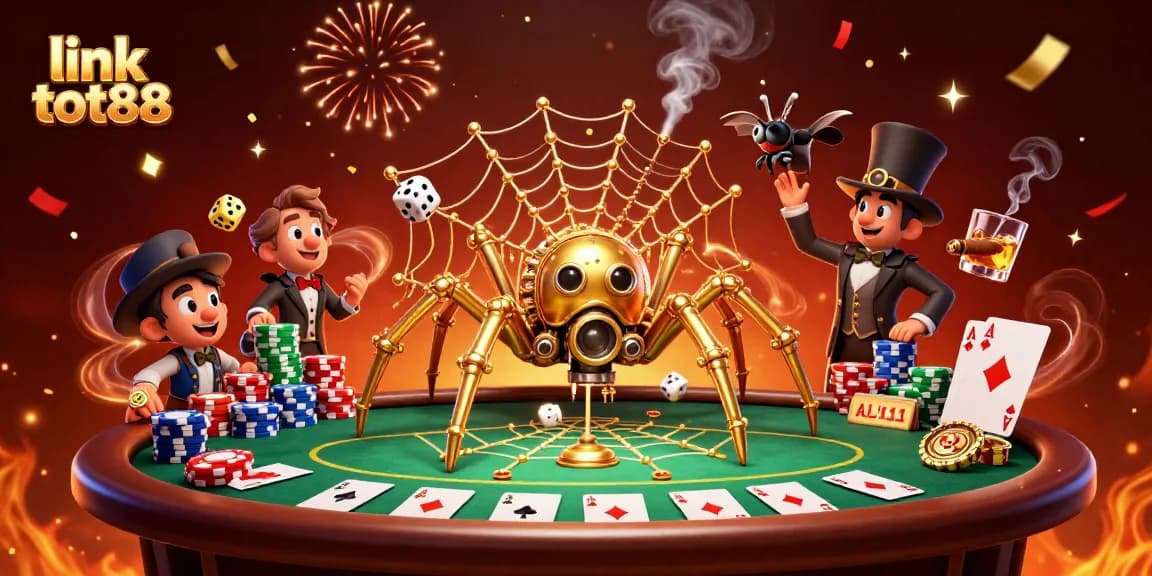 Engage with link tot88 in a vibrant casino scene with a golden spider and poker excitement.