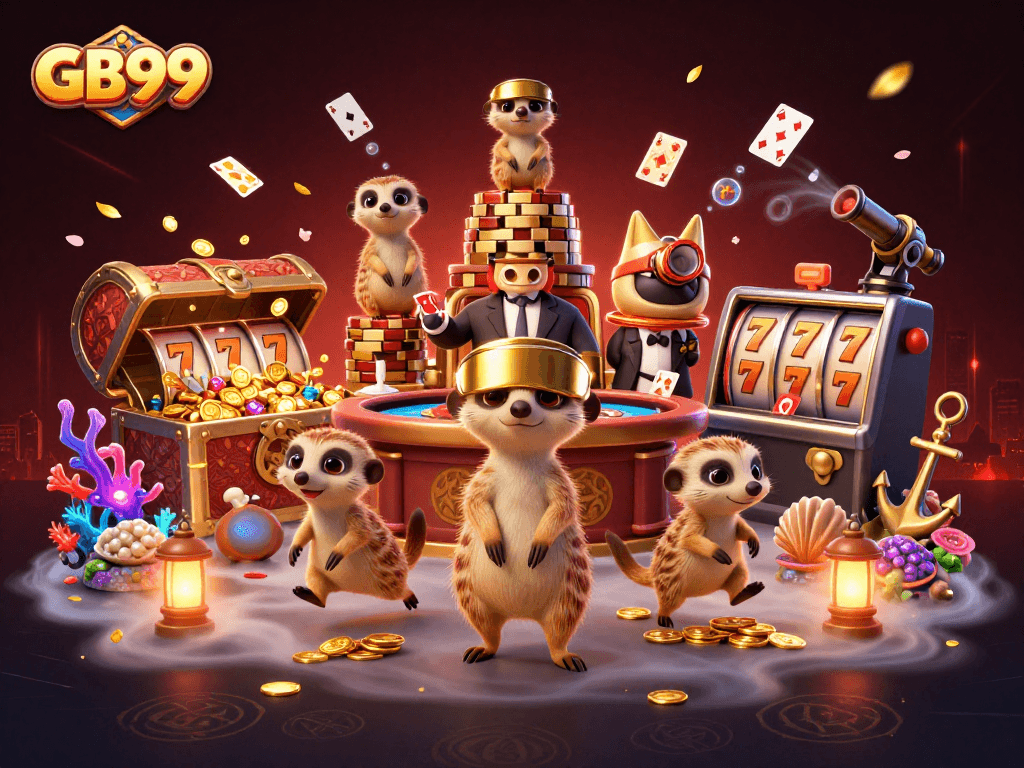 GB99 casino meerkats dealing cards and enjoying slot games in a vibrant underwater adventure.