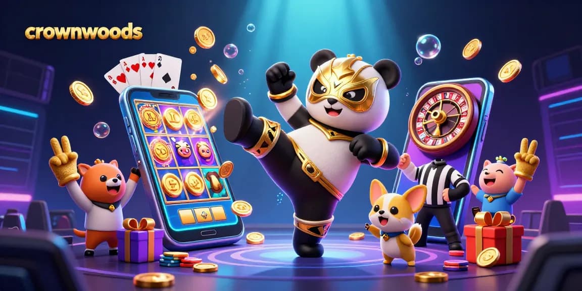 Crownwoods showcases a vibrant 3D scene with a panda wrestler kick, gold coins, and dynamic slot gameplay.