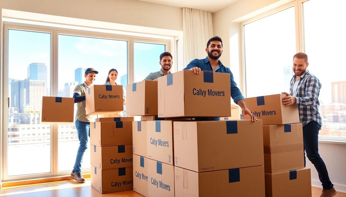 Calgary movers efficiently packing boxes in a modern home, showcasing their expertise and teamwork.